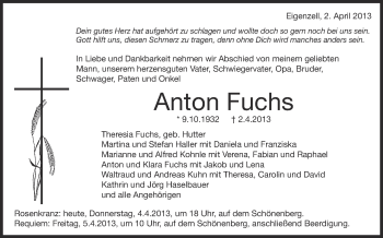 Anzeige von Anton Fuchs von Schwäbische Zeitung