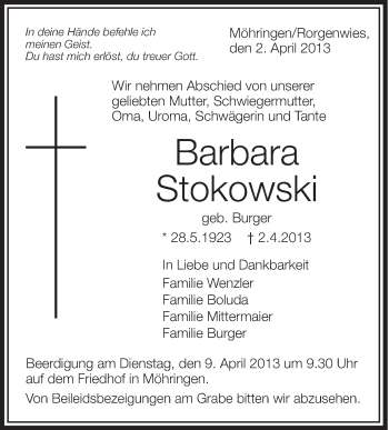 Anzeige von Barbara Stokowski von Schwäbische Zeitung