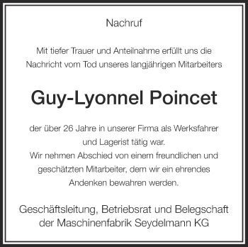 Anzeige von Guy-Lyonnel Poincet von Schwäbische Zeitung