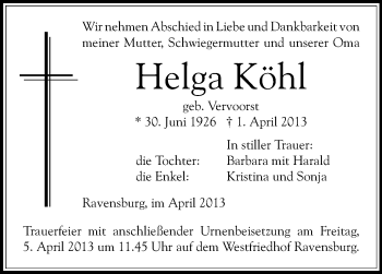 Anzeige von Helga Köhl von Schwäbische Zeitung