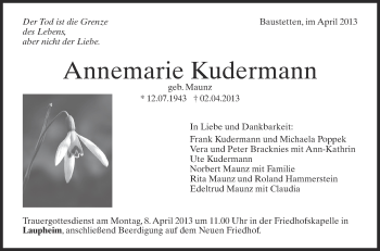 Anzeige von Annemarie Kudermann von Schwäbische Zeitung