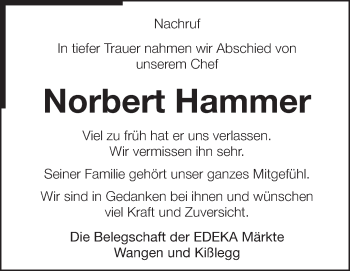 Anzeige von Norbert Hammer von Schwäbische Zeitung