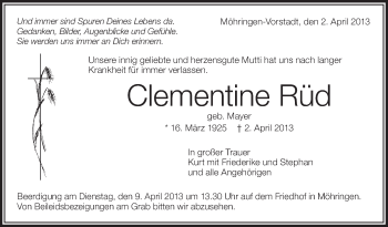 Anzeige von Clementine Rüd von Schwäbische Zeitung