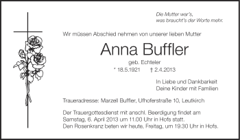 Anzeige von Anna Buffler von Schwäbische Zeitung