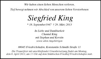 Anzeige von Siegfried King von Schwäbische Zeitung