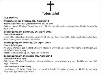 Anzeige von Totentafel vom 05.04.2013 von Schwäbische Zeitung