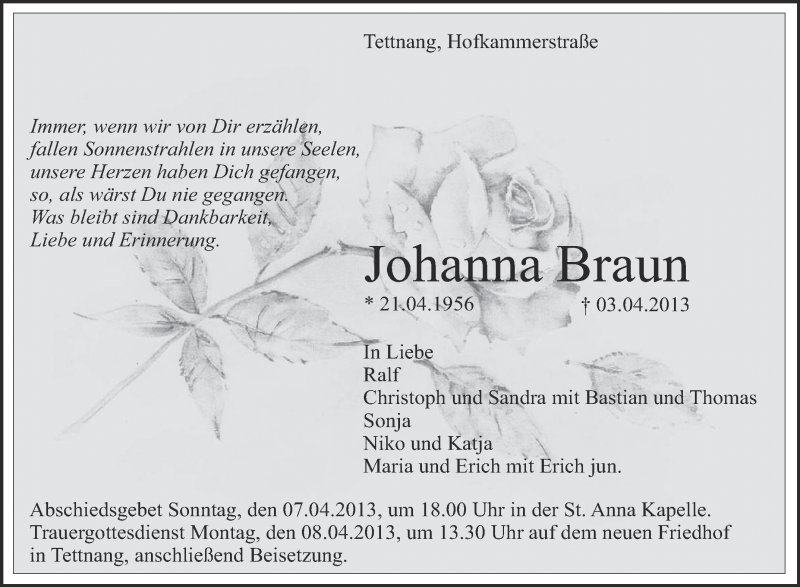  Traueranzeige für Johanna Braun vom 05.04.2013 aus Schwäbische Zeitung