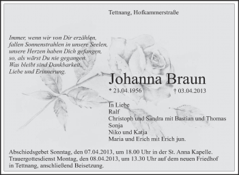 Anzeige von Johanna Braun von Schwäbische Zeitung