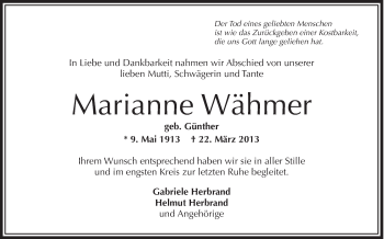 Anzeige von Marianne Wähmer von Schwäbische Zeitung