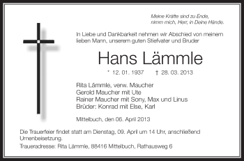 Anzeige von Hans Lämmle von Schwäbische Zeitung