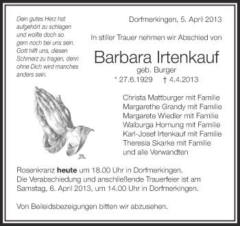 Anzeige von Barbara Irtenkauf von Schwäbische Zeitung