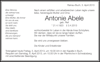 Anzeige von Antonie Abele von Schwäbische Zeitung