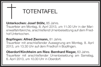 Anzeige von Totentafel vom 06.04.2013 von Schwäbische Zeitung