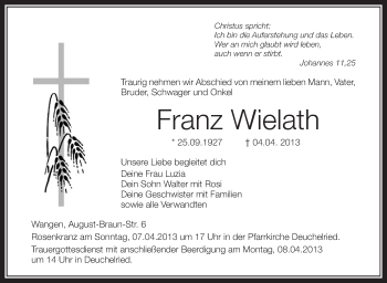 Anzeige von Franz Wielath von Schwäbische Zeitung