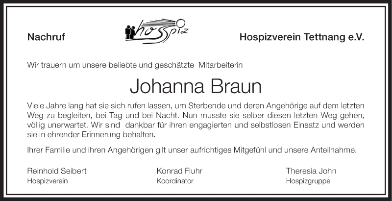  Traueranzeige für Johanna Braun vom 06.04.2013 aus Schwäbische Zeitung