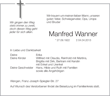 Anzeige von Manfred Wanner von Schwäbische Zeitung
