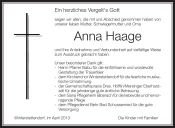 Anzeige von Anna Haage von Schwäbische Zeitung
