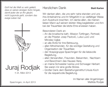 Anzeige von Juraj Rodjak von Schwäbische Zeitung