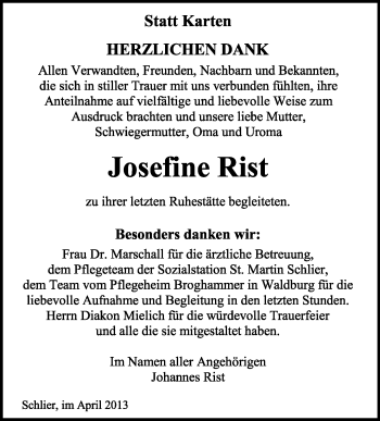 Anzeige von Josefine Rist von Schwäbische Zeitung