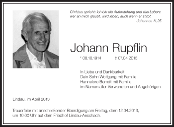Anzeige von Johann Rupflin von Schwäbische Zeitung