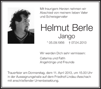 Anzeige von Helmut BerIe von Schwäbische Zeitung