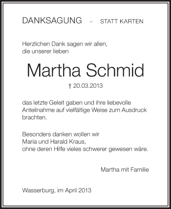 Anzeige von Martha Schmid von Schwäbische Zeitung