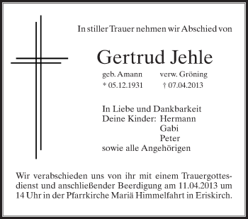 Anzeige von Gertrud Jehle von Schwäbische Zeitung