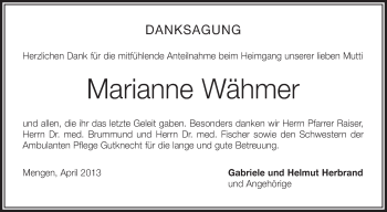 Anzeige von Marianne Wähmer von Schwäbische Zeitung