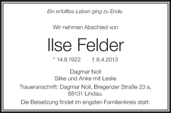 Anzeige von Ilse Felder von Schwäbische Zeitung