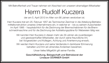 Anzeige von Rudolf Kuczera von Schwäbische Zeitung