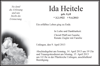 Anzeige von Ida Heitele von Schwäbische Zeitung