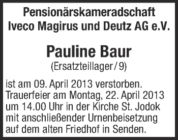 Anzeige von Pauline Baur von Schwäbische Zeitung
