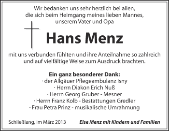 Anzeige von Hans Menz von Schwäbische Zeitung