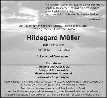 Anzeige von Hildegard Müller von Schwäbische Zeitung