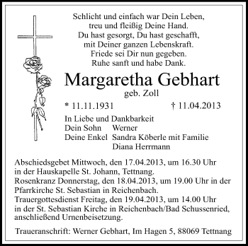 Anzeige von Margaretha Gebhart von Schwäbische Zeitung