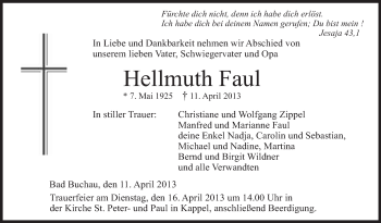 Anzeige von Hellmuth Faul von Schwäbische Zeitung