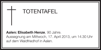Anzeige von Totentafel vom 15.04.2013 von Schwäbische Zeitung