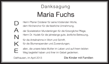 Anzeige von Maria Fuchs von Schwäbische Zeitung