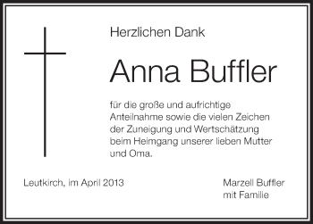 Anzeige von Anna Buffler von Schwäbische Zeitung