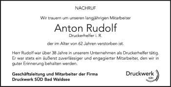 Anzeige von Anton Rudolf von Schwäbische Zeitung