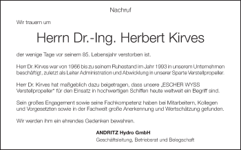 Anzeige von Herbert Kirves von Schwäbische Zeitung