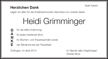 Anzeige von Heidi Grimminger von Schwäbische Zeitung