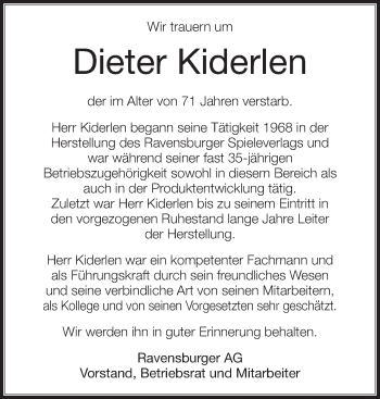 Anzeige von Dieter Kiderlen von Schwäbische Zeitung