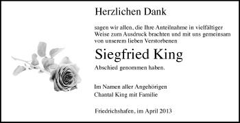 Anzeige von Siegfried King von Schwäbische Zeitung