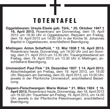 Anzeige von Totentafel vom 18.04.2013 von Schwäbische Zeitung