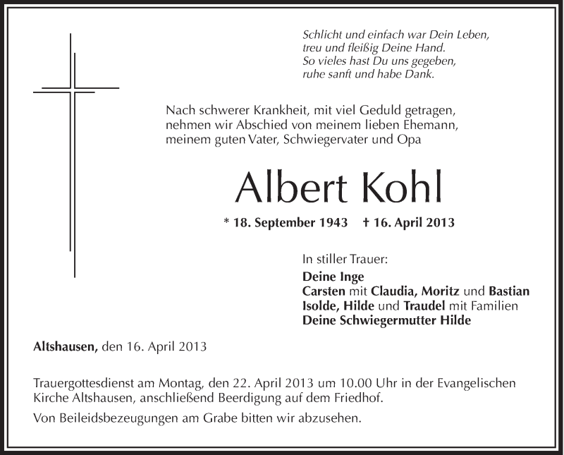 Traueranzeigen von Albert Kohl | schwaebische.de Trauerportal