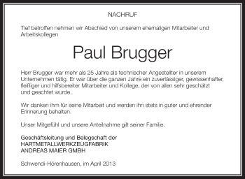 Anzeige von Paul Brugger von Schwäbische Zeitung
