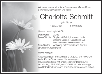Anzeige von Charlotte Schmitt von Schwäbische Zeitung