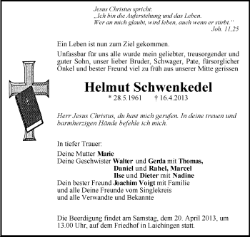 Anzeige von Helmut Schwenkedel von Schwäbische Zeitung