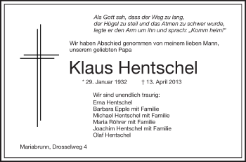Anzeige von Klaus Hentschel von Schwäbische Zeitung